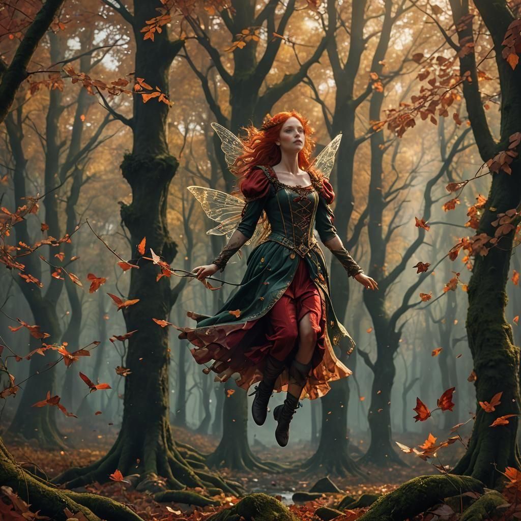 Red-Haired Autumn Fairy in Enchanted Woods