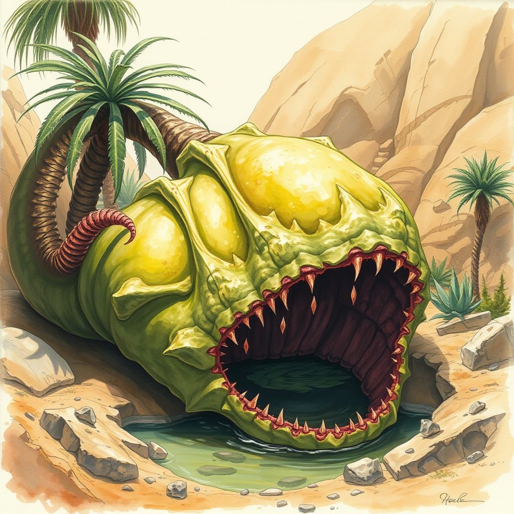 huge carnivorous plant laying ambush in an oasis, the plant'...