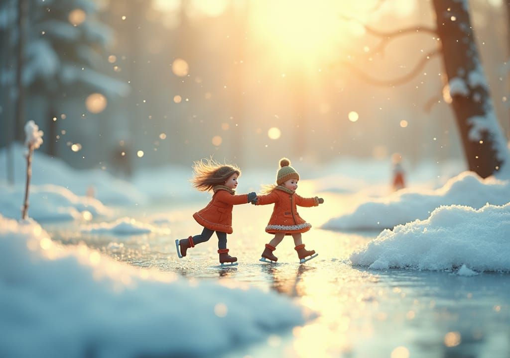 (frozen winter landscape) (tiny ice skaters gliding on froze...