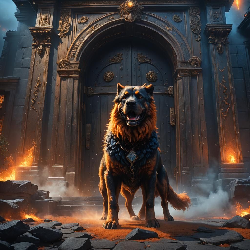 Three-Headed Dog Guarding a Door, Fantastical Art