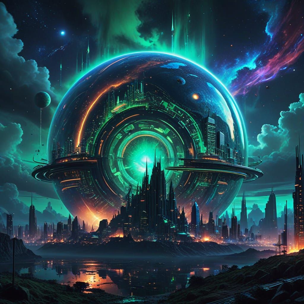 Cyberpunk City in Orbit: Vibrant Cosmic Metropolis