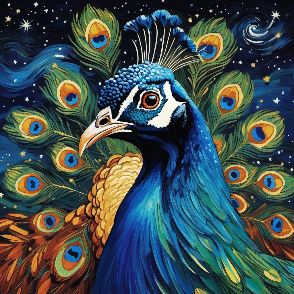 Vibrant Peacock in Starry Night Sky - Post-Impressionist Sty...