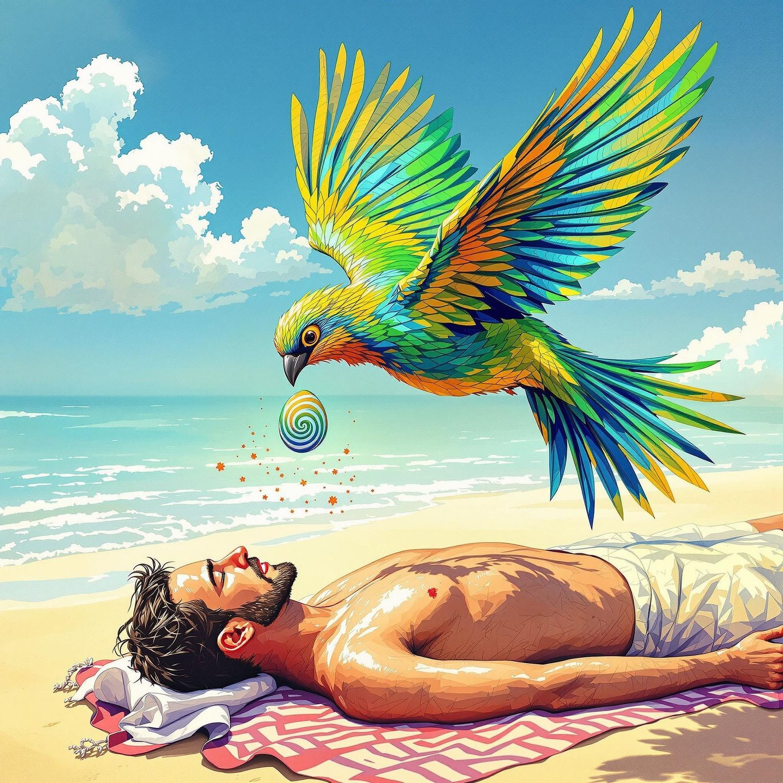Surreal Beach Scene with Iridescent Bird and Sparkling Egg