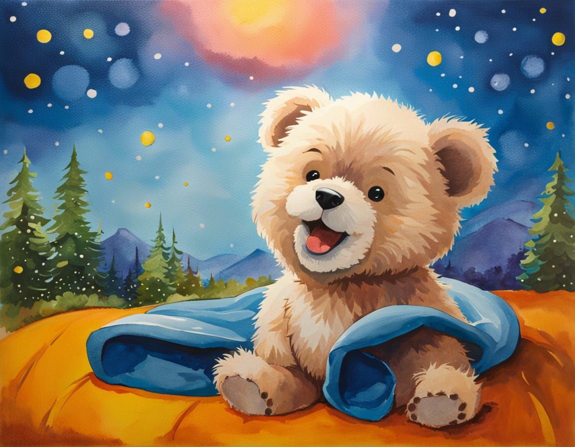 Fluffy Teddy Bear on Bed in Watercolor Style