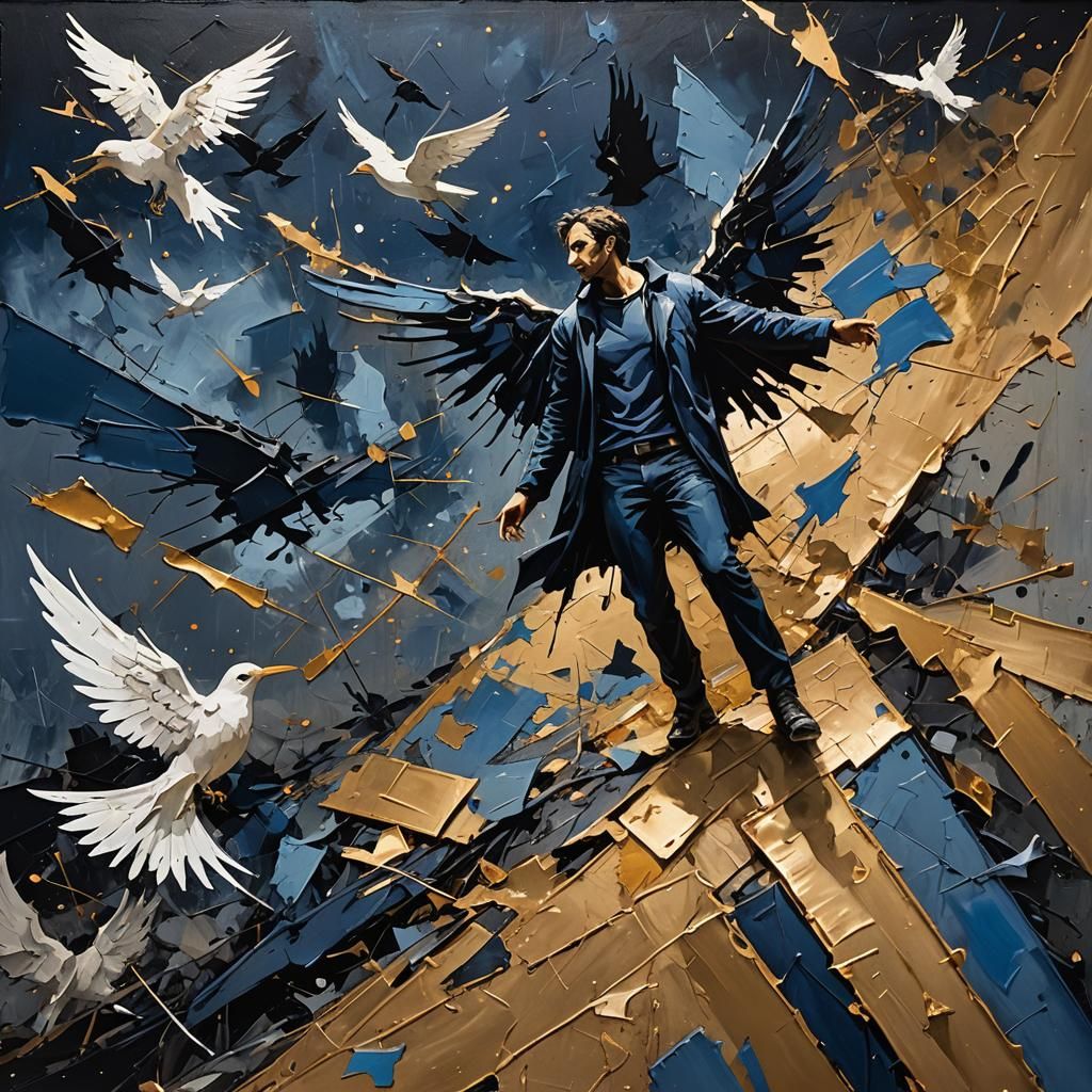 Abstract Expressionism: Fallen Angel on Moonlit Terrain