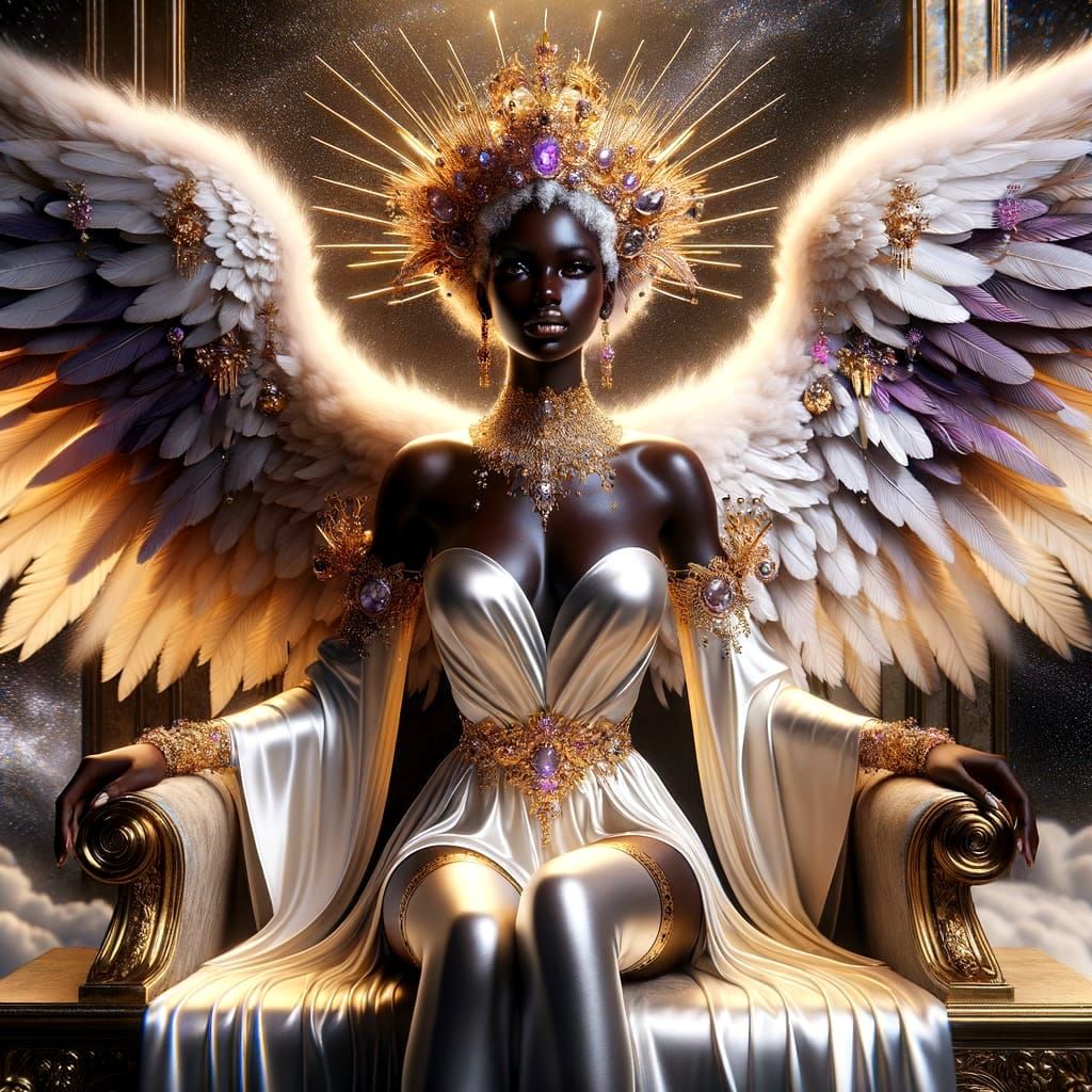 Gorgeous black angel with large gold and white hyper detaile...