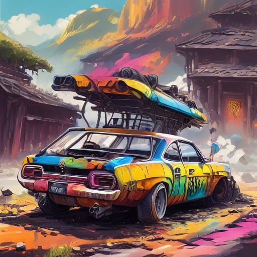 Vibrant Cars in a Post-Apocalyptic Scene