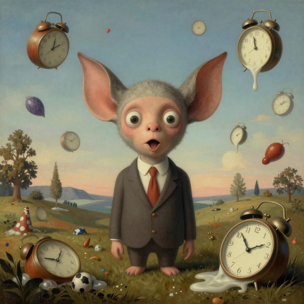 Surreal Creature Emerges From Dreamscape with Melting Clocks