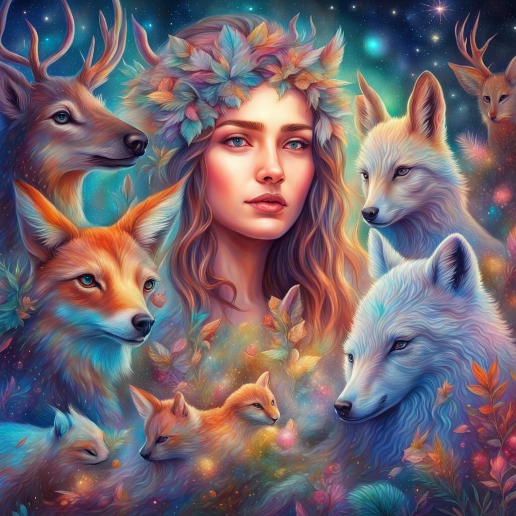 Girl with Forest Animals: Pablo Amaringo-style Illustration