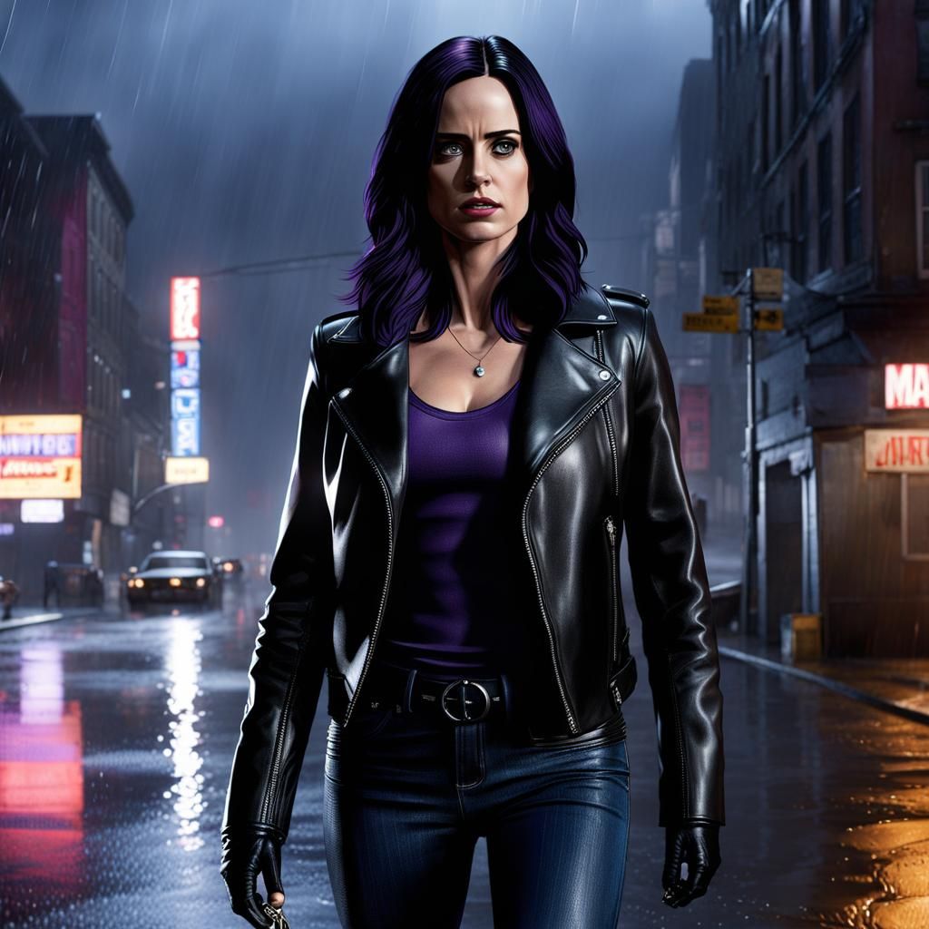 Jessica Jones as Photorealistic Superhero in the Rain