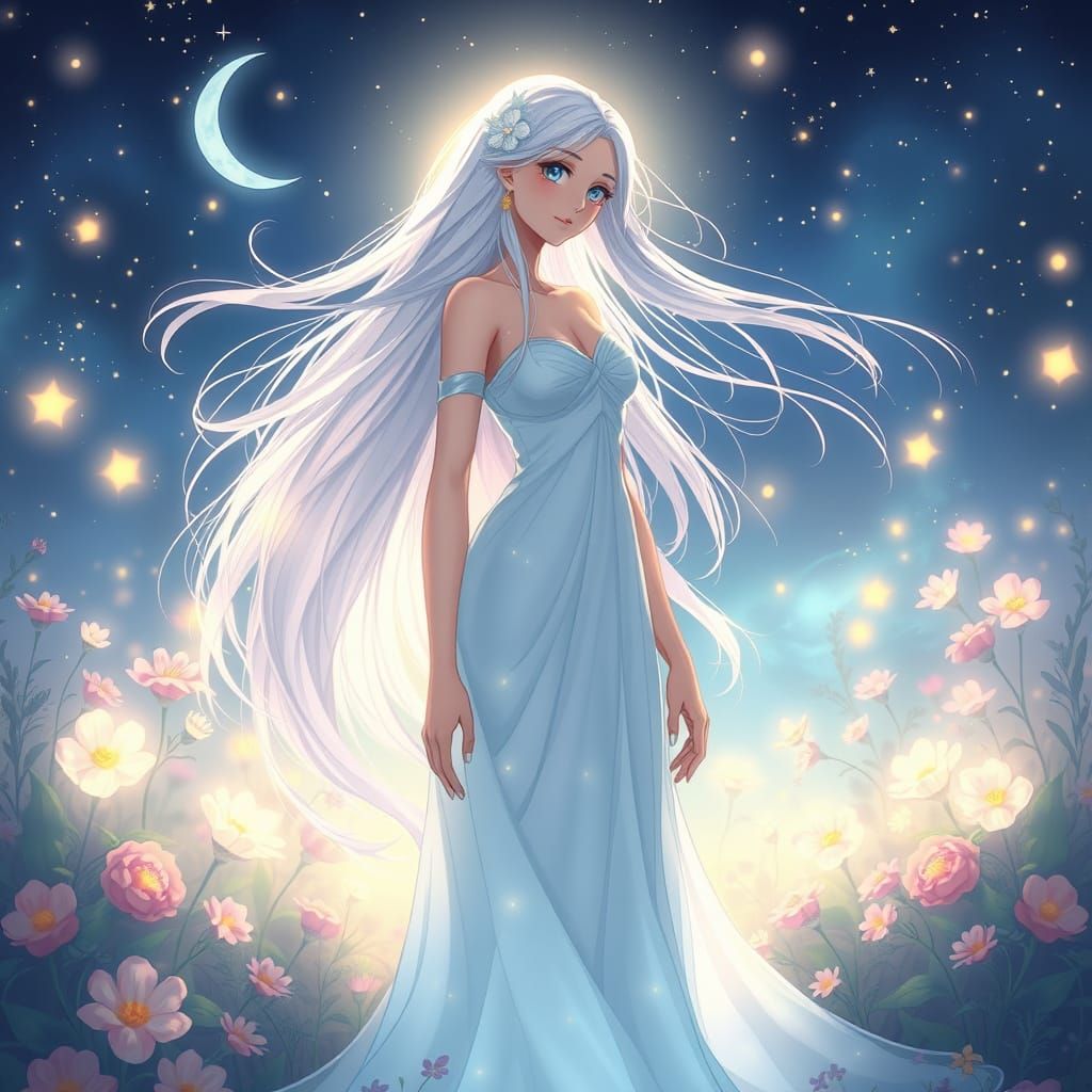 Goddess in Starlit Garden, Fantasy Anime Style