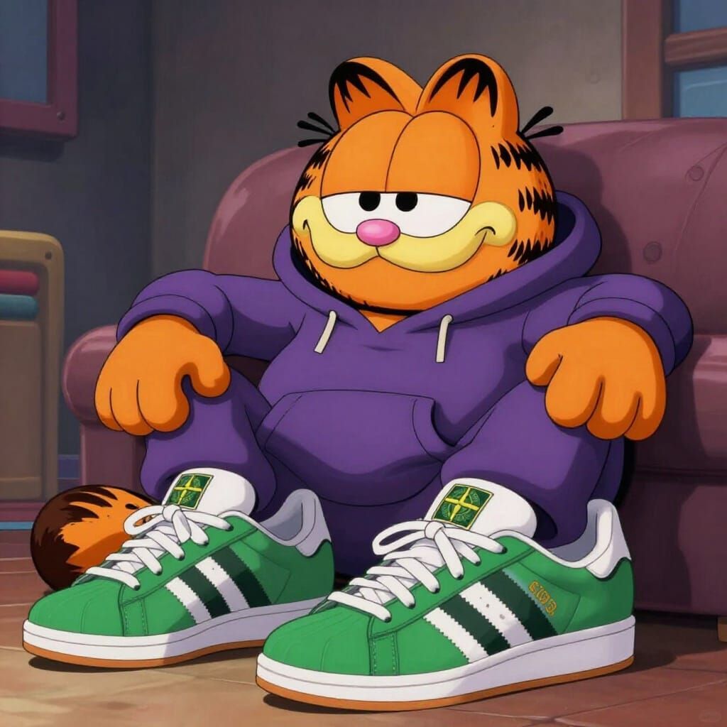 Garfield in Adidas Sneakers and Stone Island Hoodie