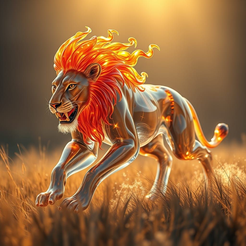 Glass Lion in Vibrant Savanna Light