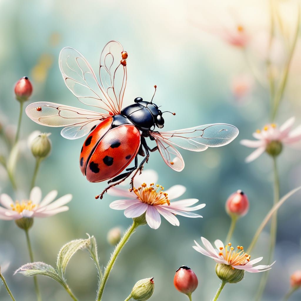 Ladybug's Whimsical Flight in Watercolor Style