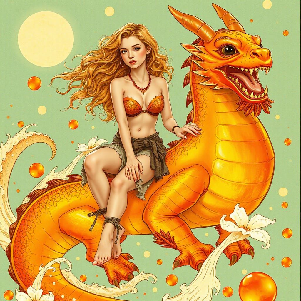 Woman on Gummy Dragon in Effervescent Soda Sea