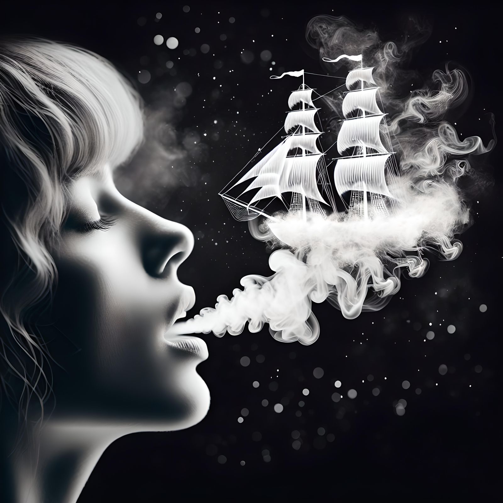 Photorealistic Smoke Ship Emanating from Woman's Mouth