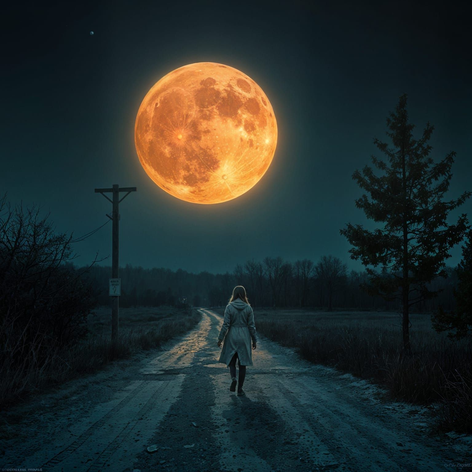 Lonely Woman Under Blood Moon: Photorealistic Painting