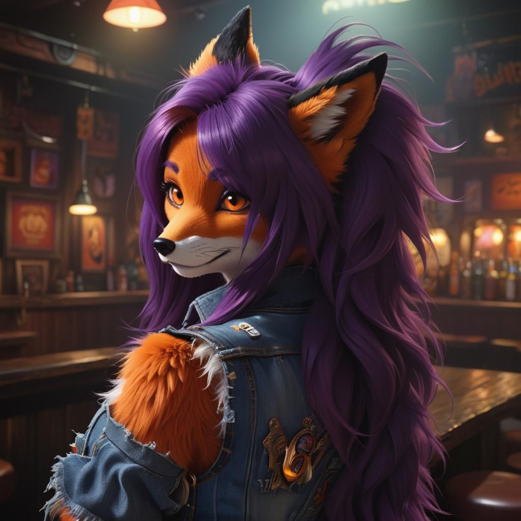 Feminine Furry Fox Sips at a Dive Bar in Photorealistic Styl...