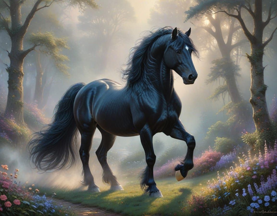 Friesian Stallion in Ethereal Mist