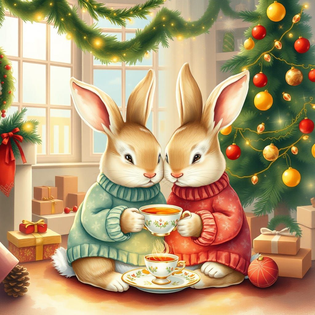 Two Bunnies Enjoying Festive Tea Time in a Whimsical Winter....