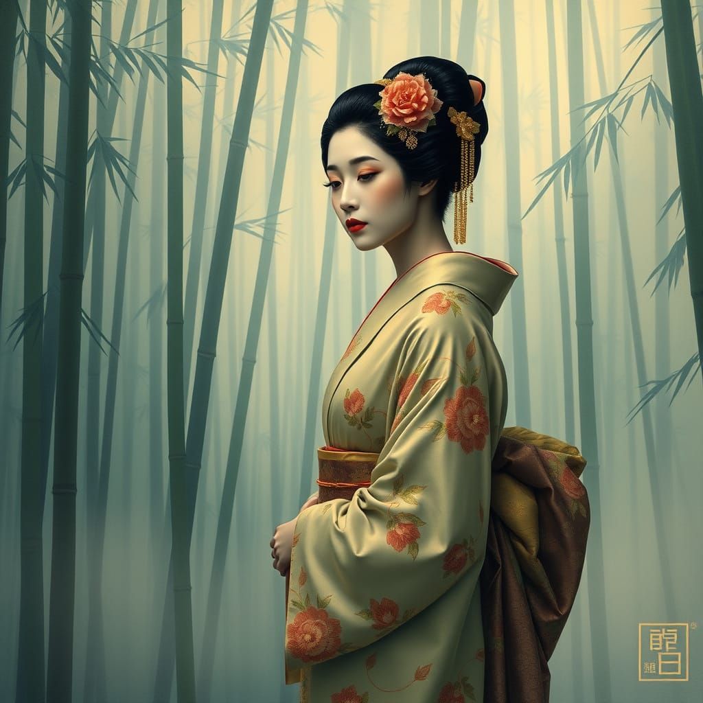 Geisha in Misty Bamboo Forest, Art Nouveau Style