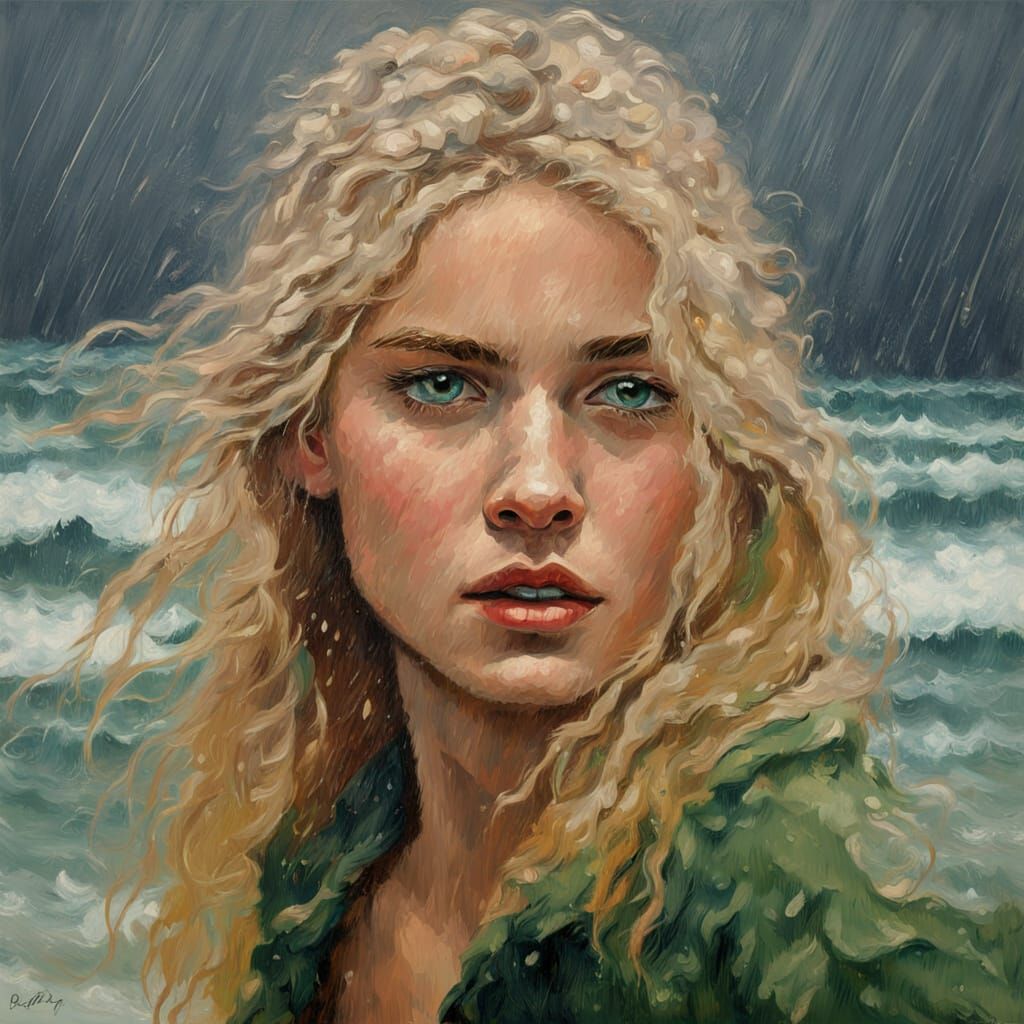 Impasto Oil Painting of Young Woman in Heavy Rain