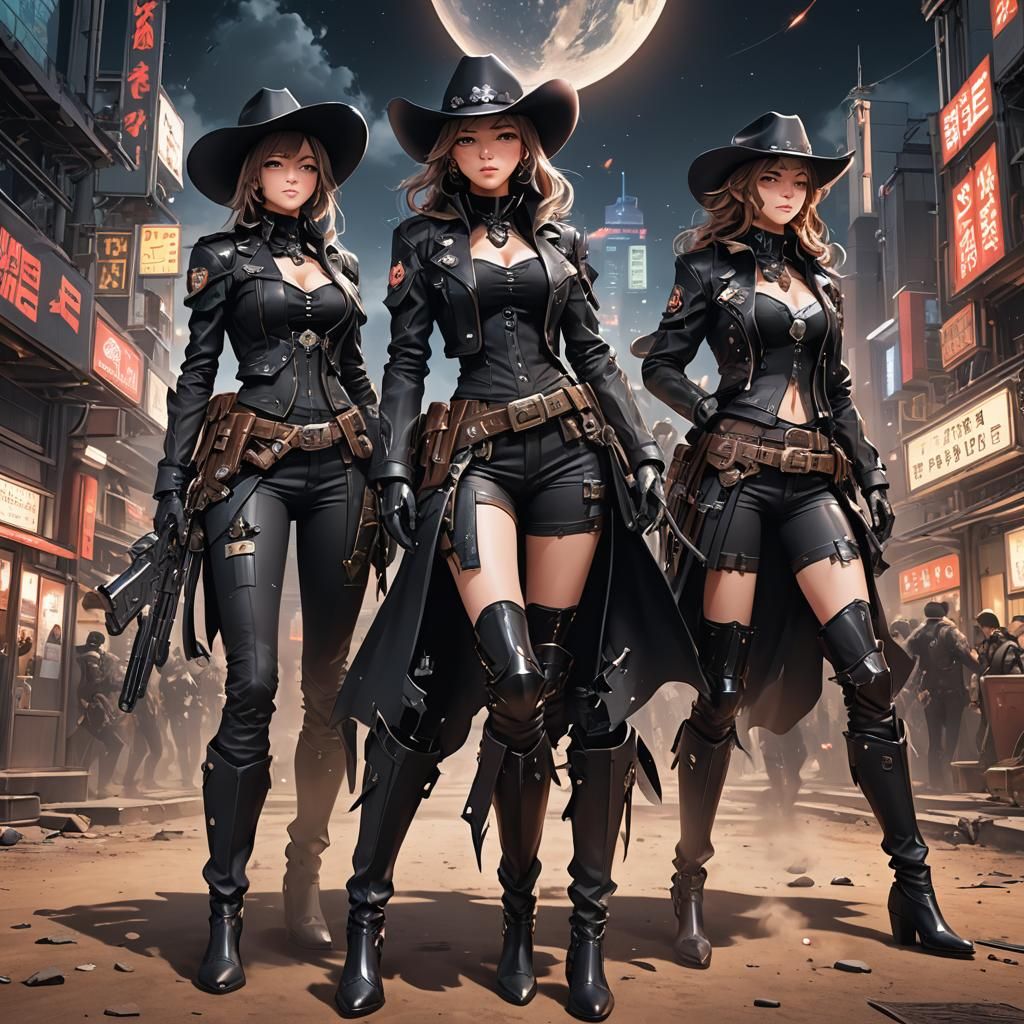 Anime Twin Space Cowgirls in Dark Fantasy Style