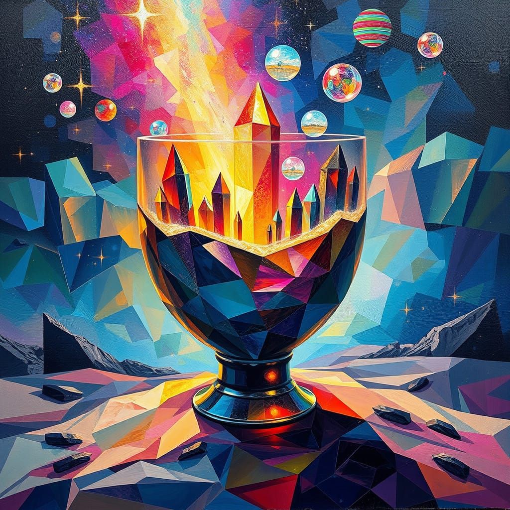 Infinite Rainbow Crystal World in a Cup, Teslapunk Oil Paint...