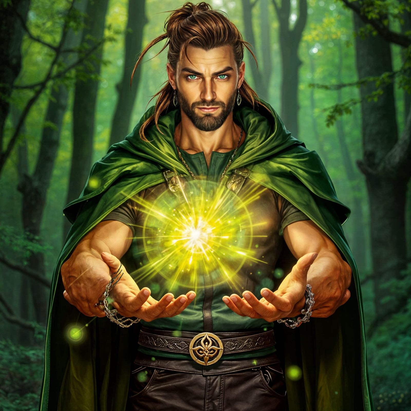 Mysterious Green-Eyed Sorcerer in Forest HDR