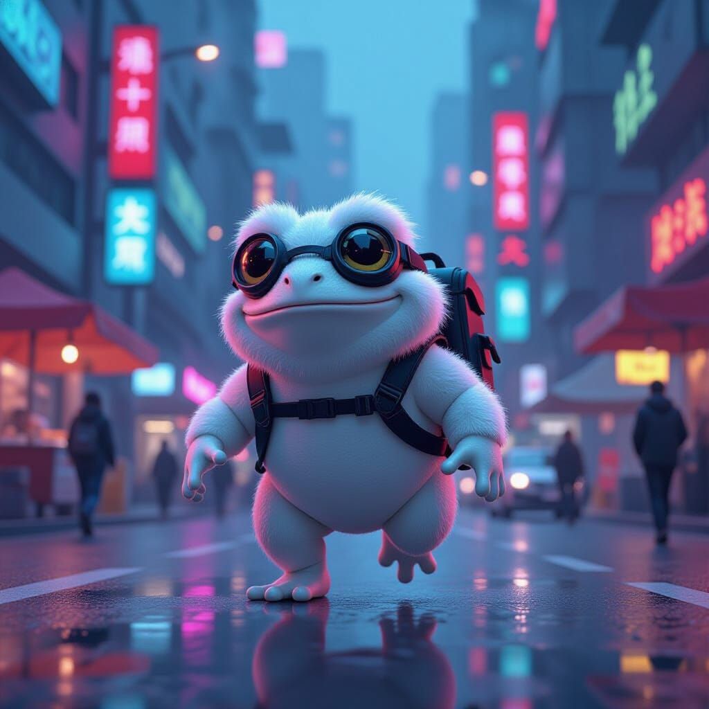 Fluffy Frog Adventurer in a Cyberpunk Cityscape