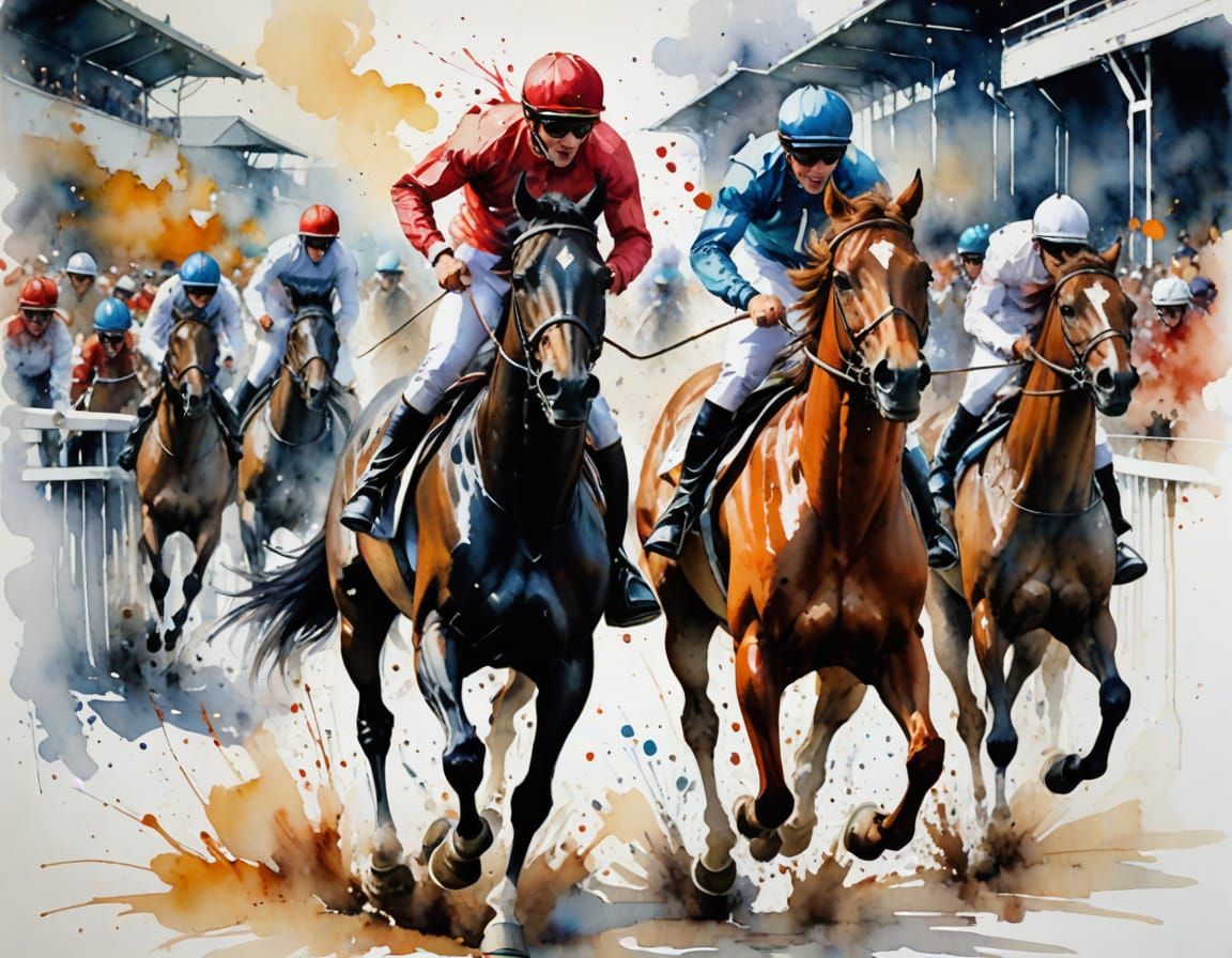 Horse Race at Racetrack in Stylized Watercolour