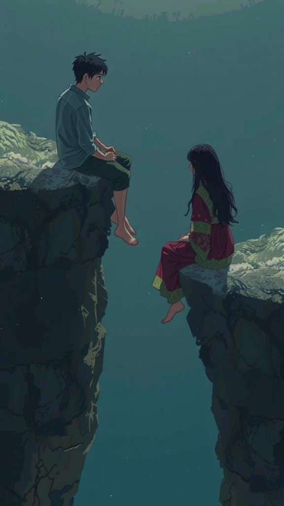 Anime Style: Boy and Girl on Rocky Cliffs