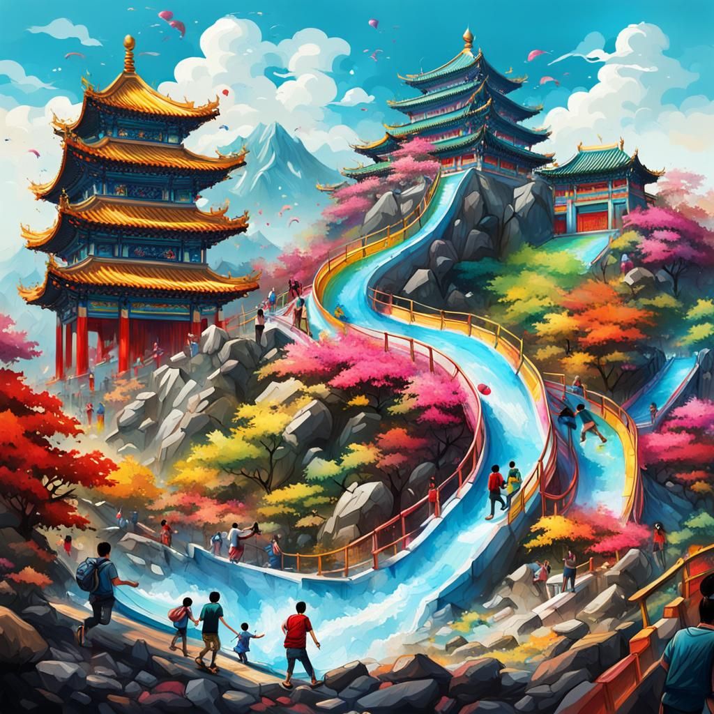Laojun Mountain Temple with Waterslide, Graffiti Art
