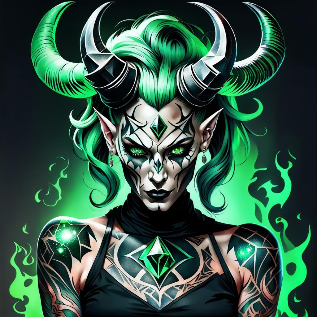 Striking Devil Woman with Diamond Horns and Tattoos