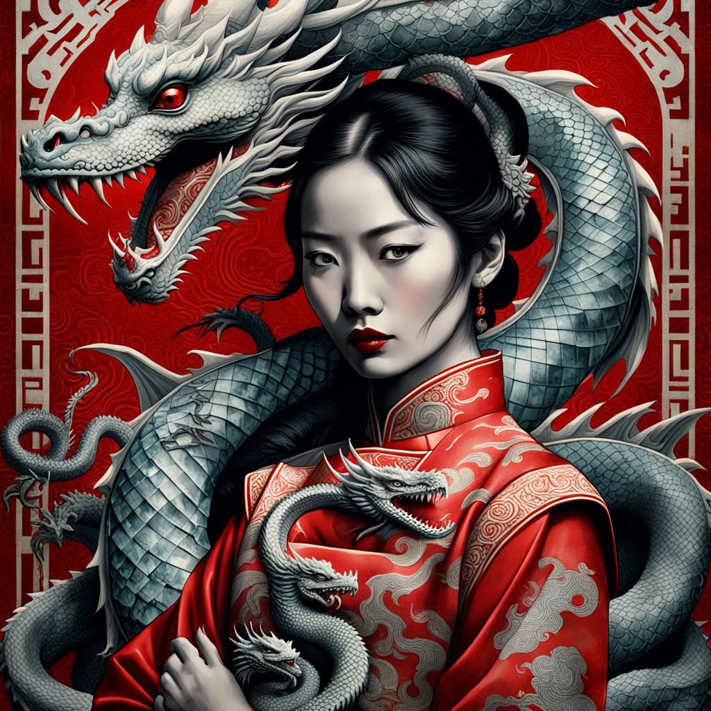 Chinese Woman with Dragon: Vintage Cinematic Poster