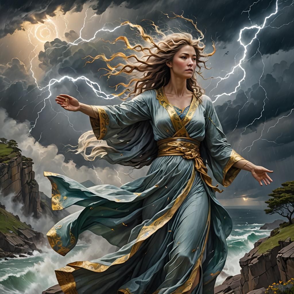 Goddess of the Wind Commands the Storm as Impasto Painting