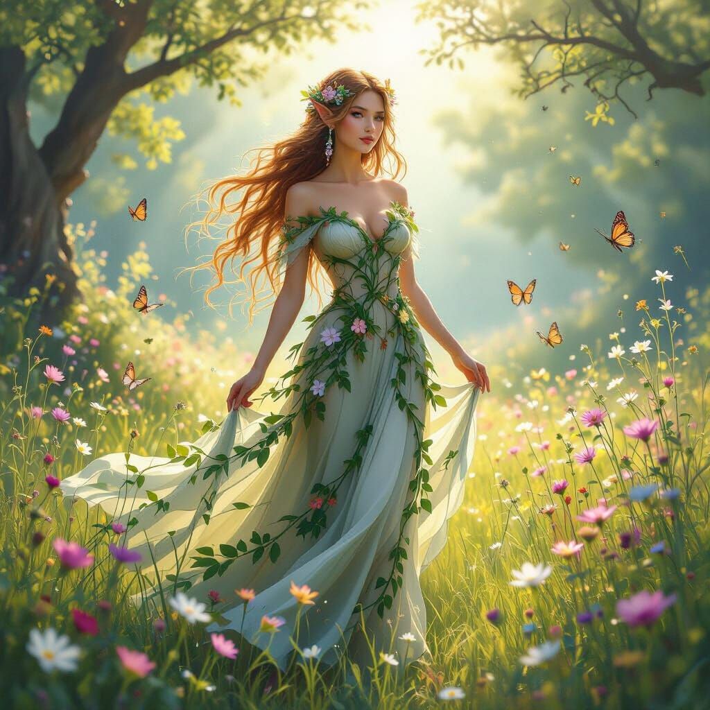 Ethereal Elven Woman in Sunlit Meadow