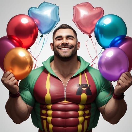 A beefcake with balloons tied to his arms, smiling invitingly.