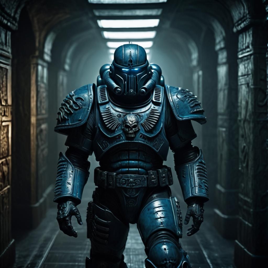 Giger-esque Space Marine Armor in Dimly Lit Hallway