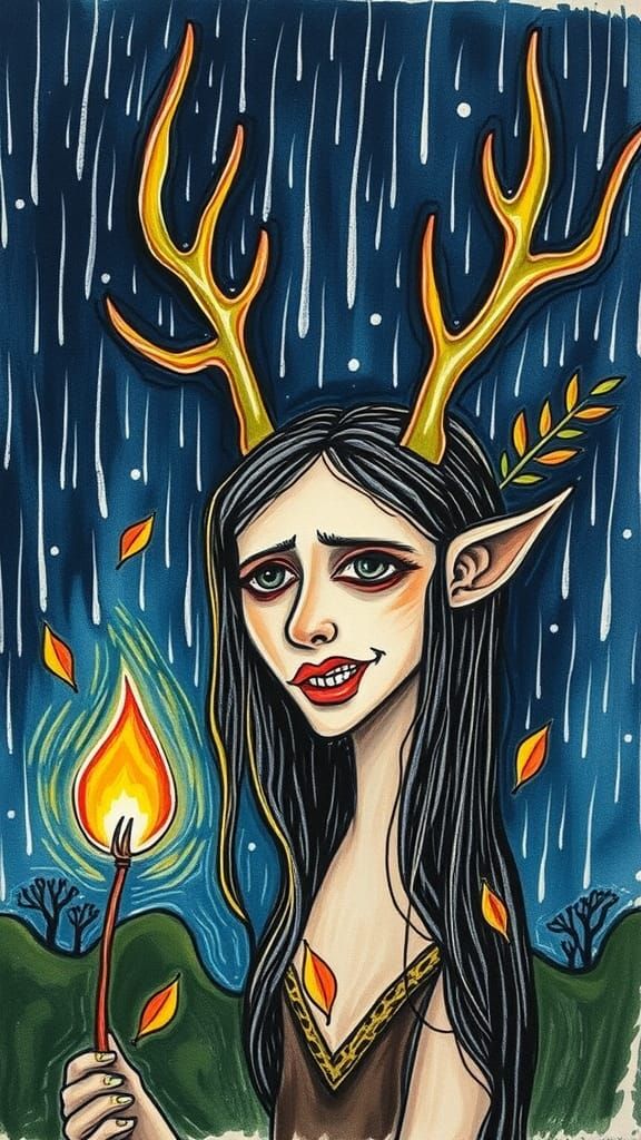 Pagan Goddess in Rainy Starry Night, Crayon Drawing