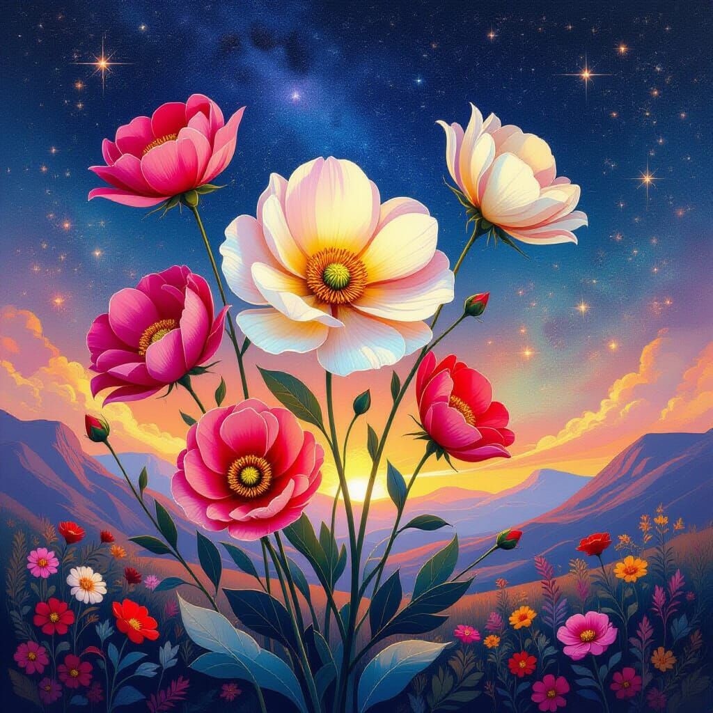 Cosmic Flowers Bloom in Abstract Expressionist Landscape