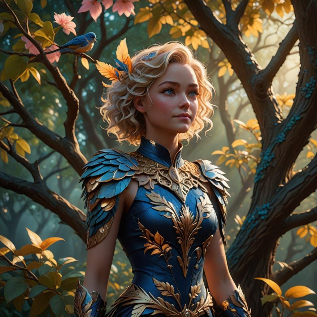 Ethereal Fantasy Acrobat in Whimsical Tree Landscape