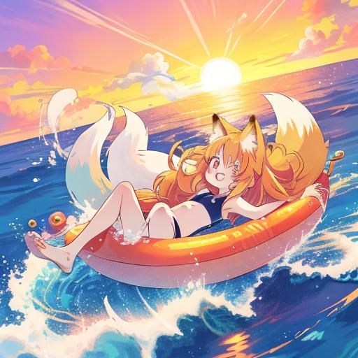Anime Fox Girl at Sunset, Manga Style