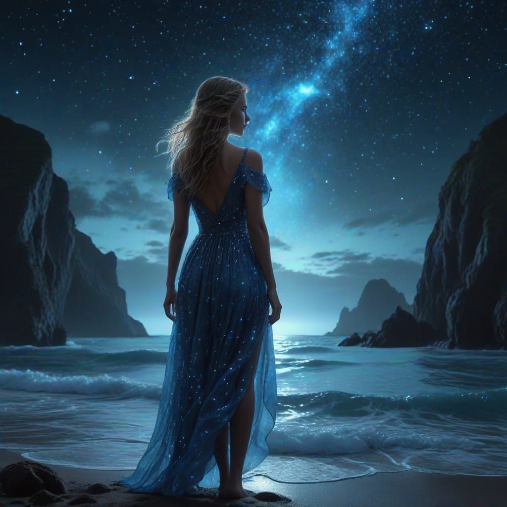 Bioluminescent Ocean Girl in Glowing Dress
