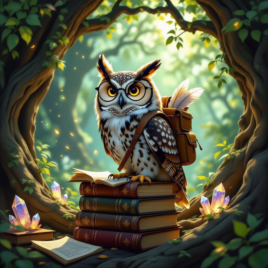 Owl Scholar in Crystal Tree Root Library