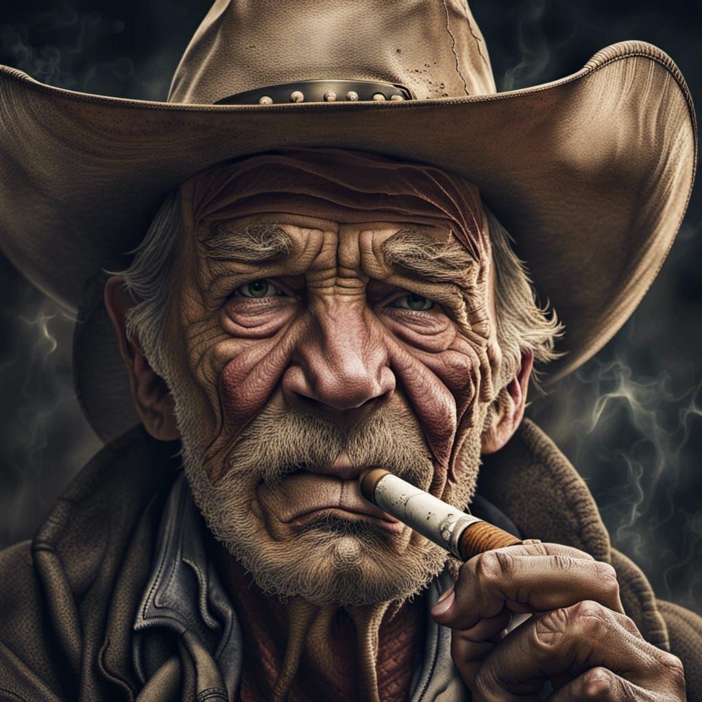 Detailed Portrait of Weathered Cowboy with Cigar