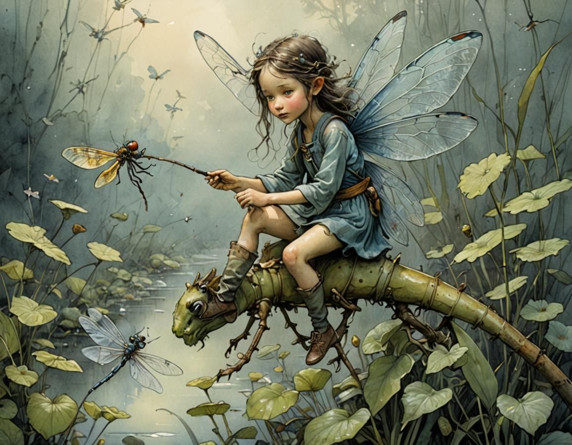 Fairy Riding Dragonfly in Pencil and Watercolor Style