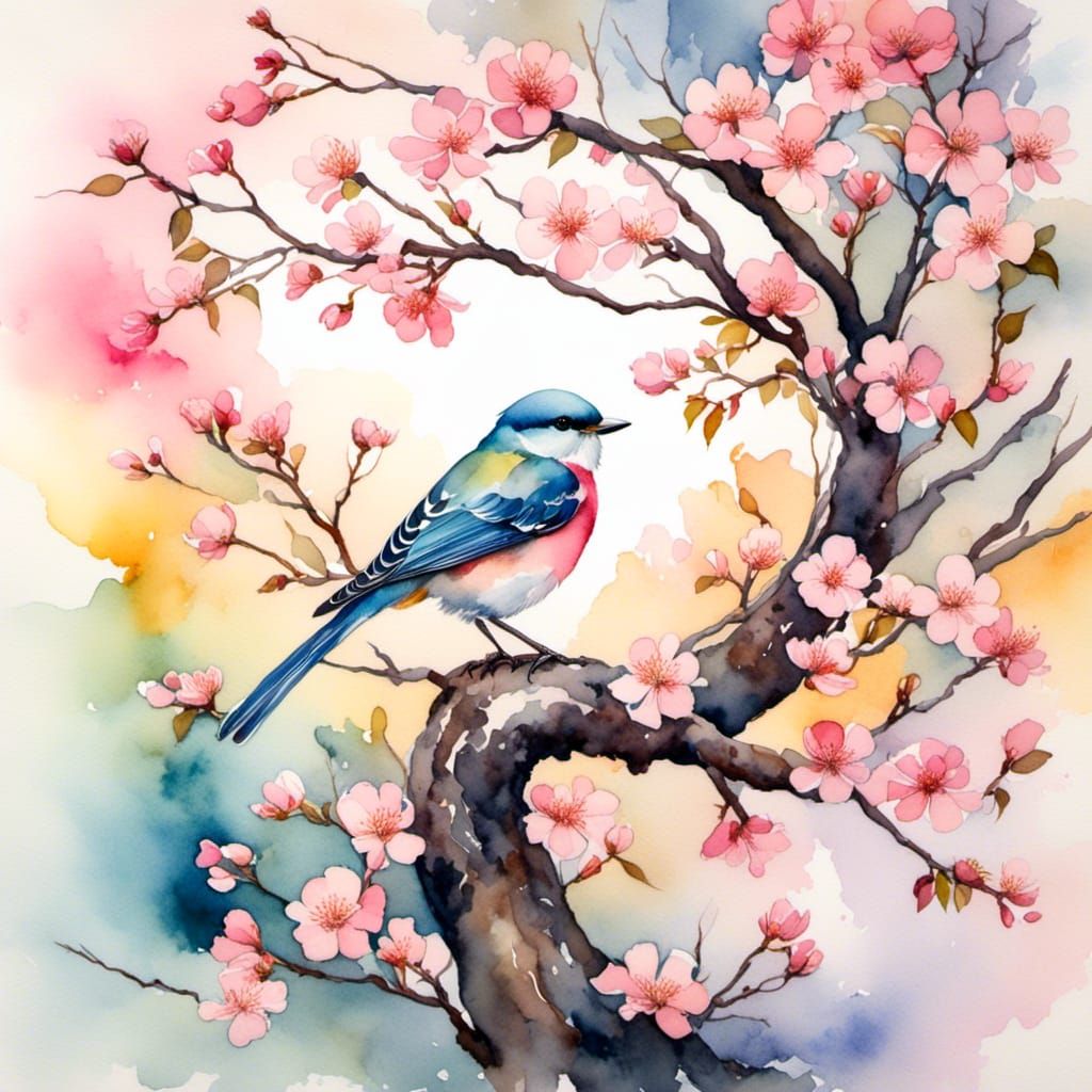 Watercolor Bird with Blossoms Double Exposure