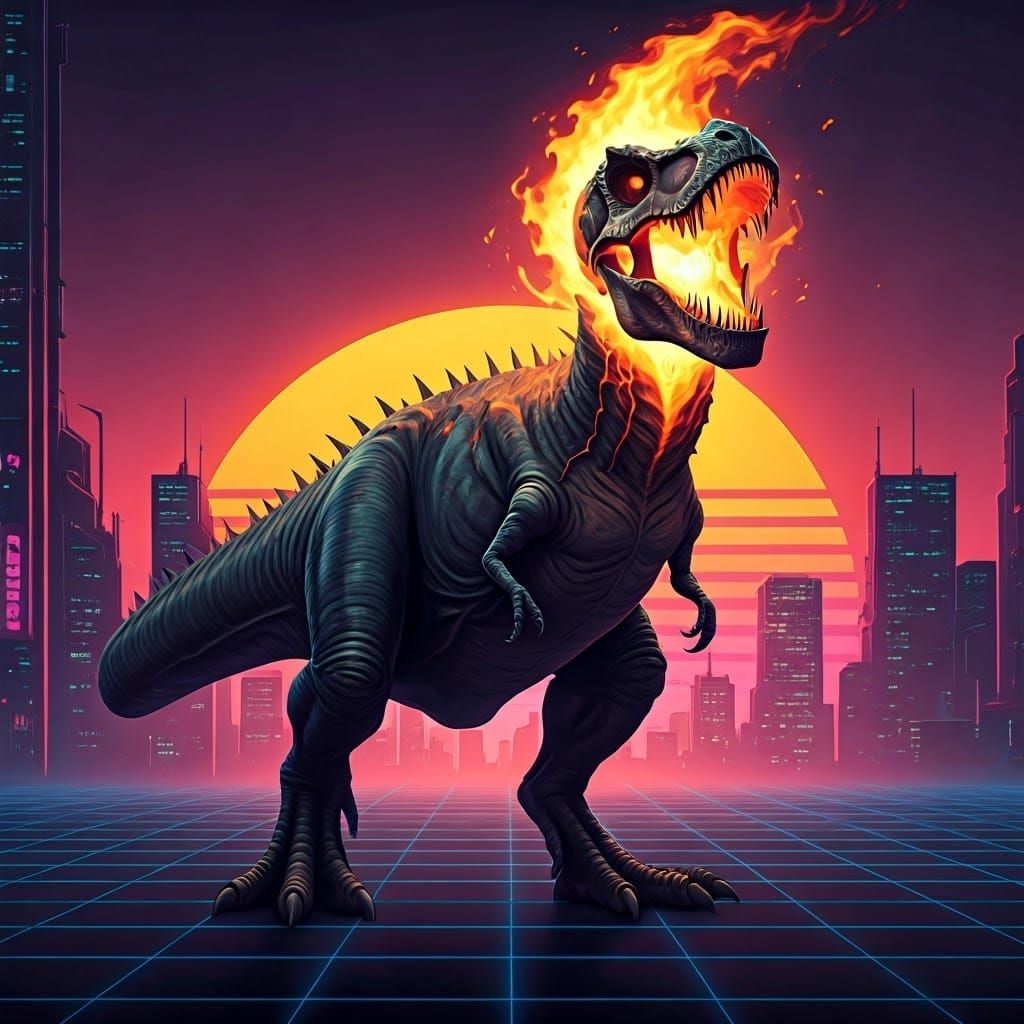 Ghost Rider T-Rex in Cyberpunk Cityscape