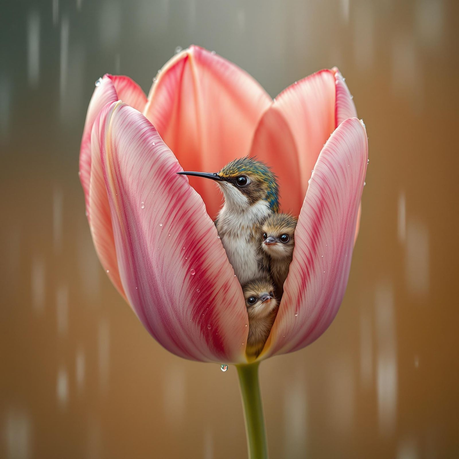 Rainy Refuge in a Crimson Tulip
